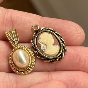 Vintage Pendant Bundle — Cameo + Pearl Gold Tone Charms